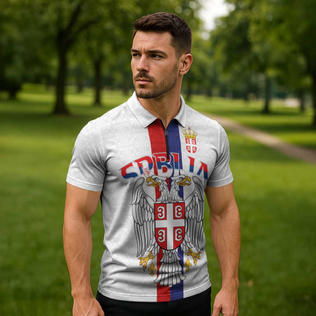 Serbia Coat Of Arms Srbija Eagle Zipper Polo Shirt Traditional Serbian Heraldic Crest White Double Headed Eagle