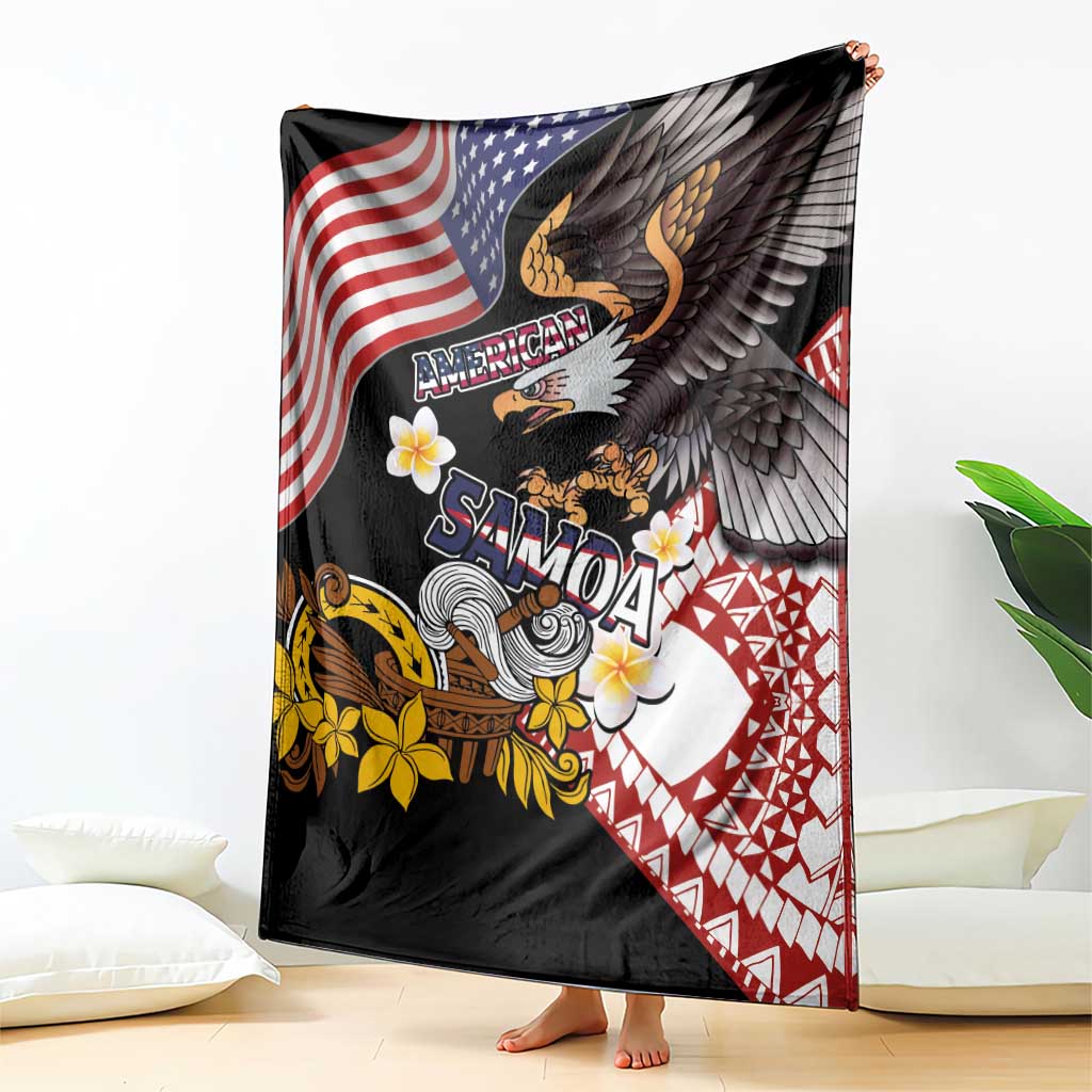 United States and American Samoa Together Blanket Bald Eagle and Polynesian Traditional Culture with Plumeria