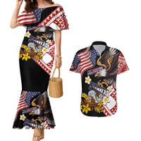 United States and American Samoa Together Couples Matching Mermaid Dress and Hawaiian Shirt Bald Eagle and Polynesian Traditional Culture with Plumeria
