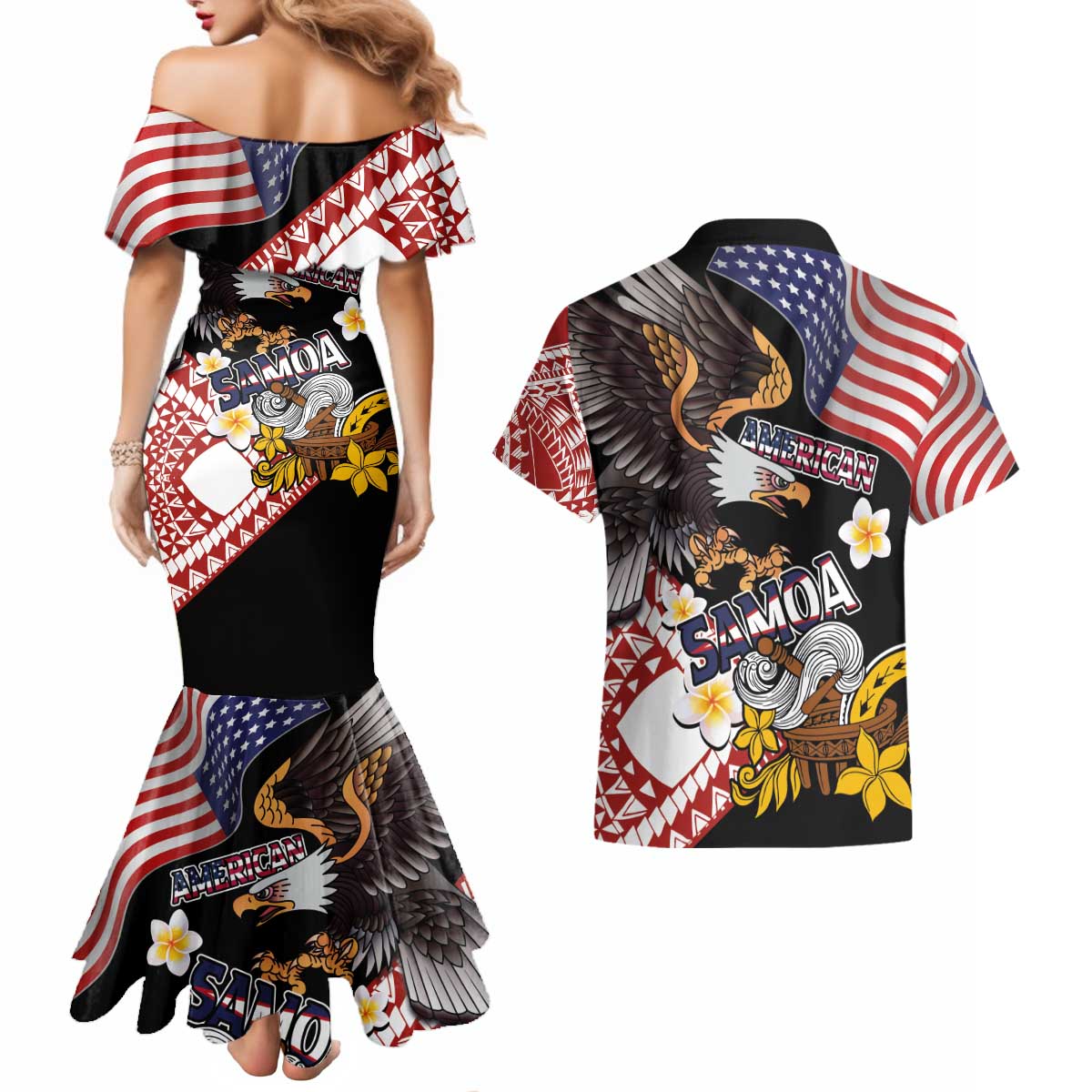 United States and American Samoa Together Couples Matching Mermaid Dress and Hawaiian Shirt Bald Eagle and Polynesian Traditional Culture with Plumeria