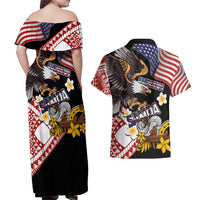 United States and American Samoa Together Couples Matching Off Shoulder Maxi Dress and Hawaiian Shirt Bald Eagle and Polynesian Traditional Culture with Plumeria