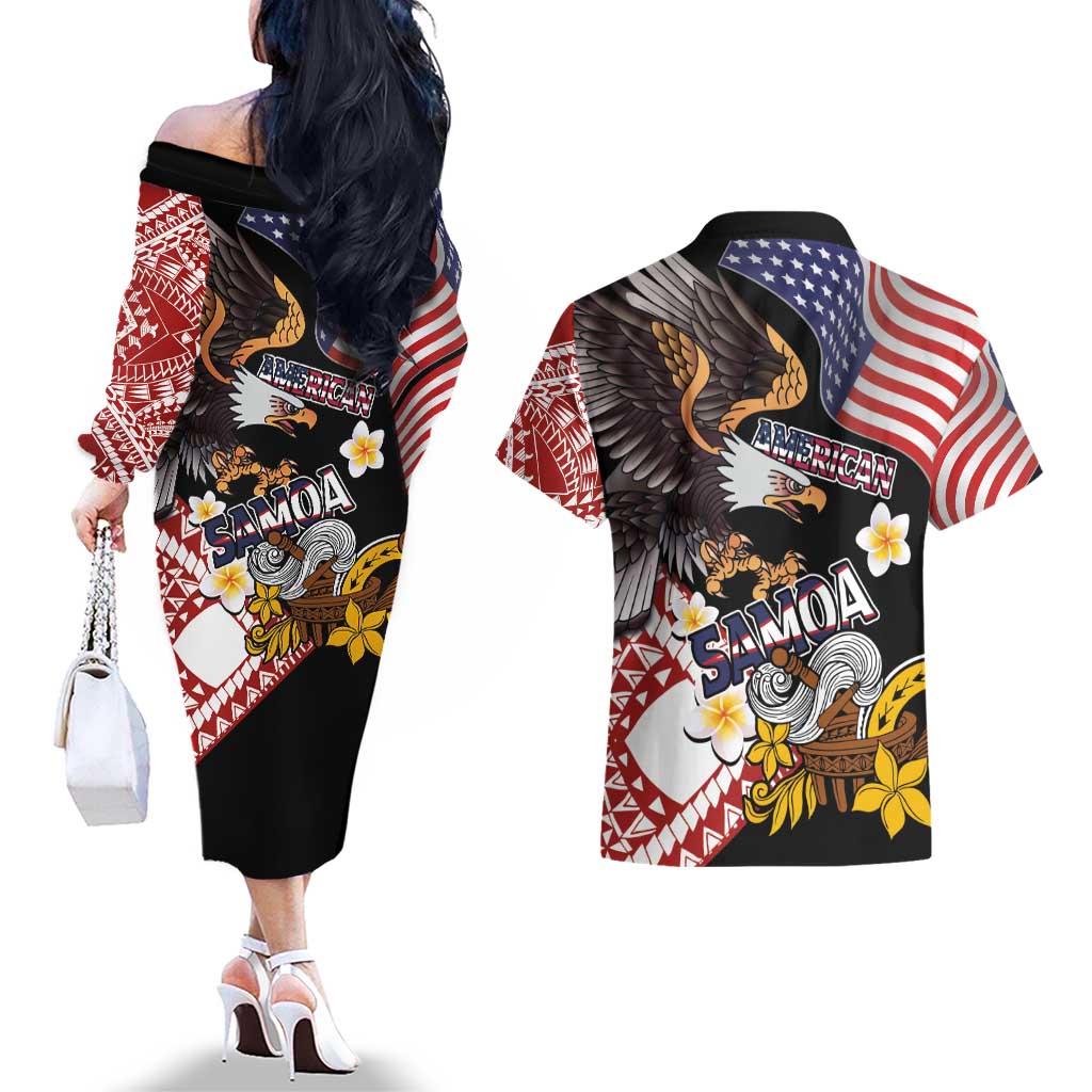 United States and American Samoa Together Couples Matching Off The Shoulder Long Sleeve Dress and Hawaiian Shirt Bald Eagle and Polynesian Traditional Culture with Plumeria