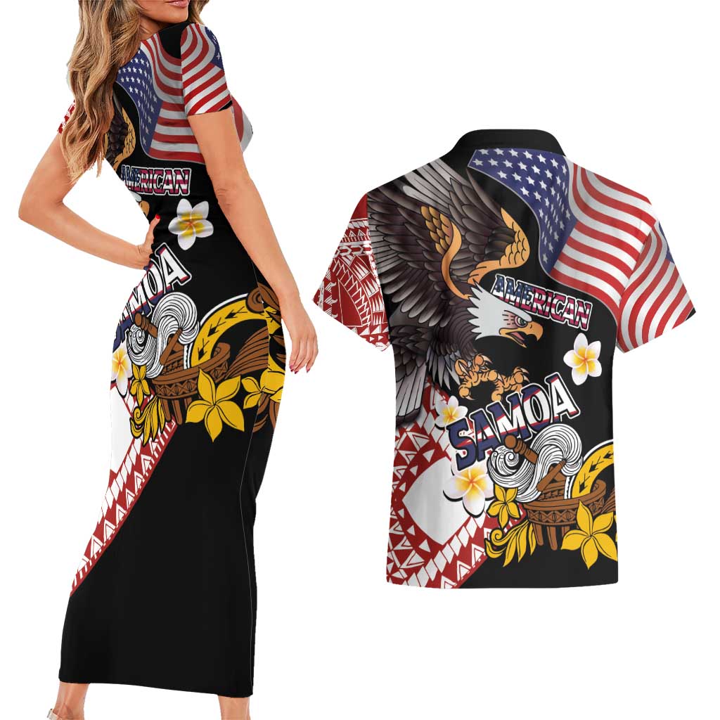 United States and American Samoa Together Couples Matching Short Sleeve Bodycon Dress and Hawaiian Shirt Bald Eagle and Polynesian Traditional Culture with Plumeria