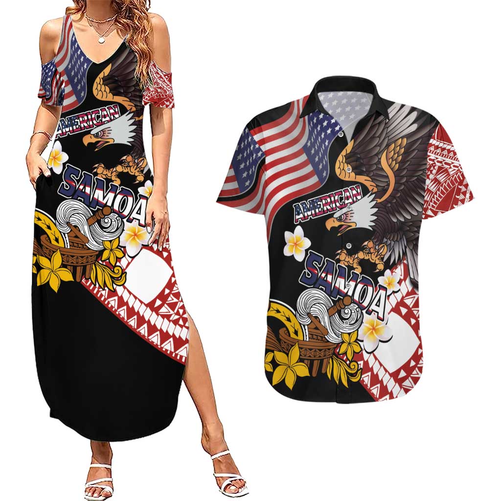 United States and American Samoa Together Couples Matching Summer Maxi Dress and Hawaiian Shirt Bald Eagle and Polynesian Traditional Culture with Plumeria