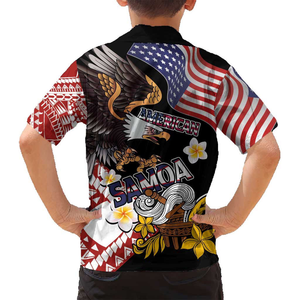 United States and American Samoa Together Family Matching Long Sleeve Bodycon Dress and Hawaiian Shirt Bald Eagle and Polynesian Traditional Culture with Plumeria