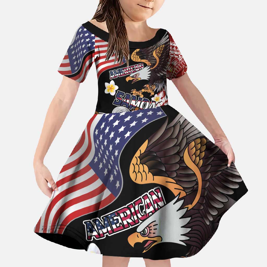 United States and American Samoa Together Family Matching Long Sleeve Bodycon Dress and Hawaiian Shirt Bald Eagle and Polynesian Traditional Culture with Plumeria
