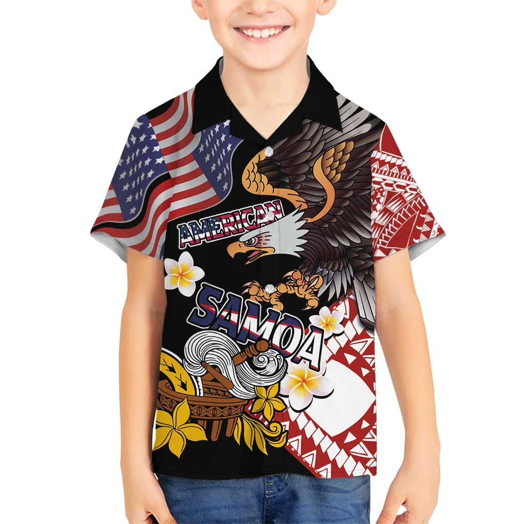 United States and American Samoa Together Family Matching Long Sleeve Bodycon Dress and Hawaiian Shirt Bald Eagle and Polynesian Traditional Culture with Plumeria