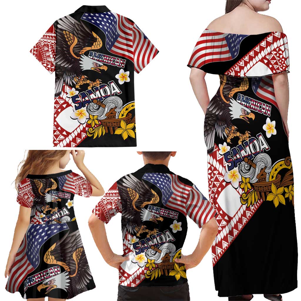 United States and American Samoa Together Family Matching Off Shoulder Maxi Dress and Hawaiian Shirt Bald Eagle and Polynesian Traditional Culture with Plumeria