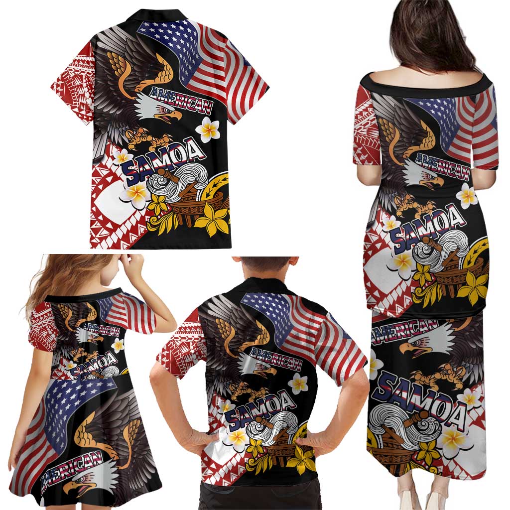 United States and American Samoa Together Family Matching Puletasi and Hawaiian Shirt Bald Eagle and Polynesian Traditional Culture with Plumeria