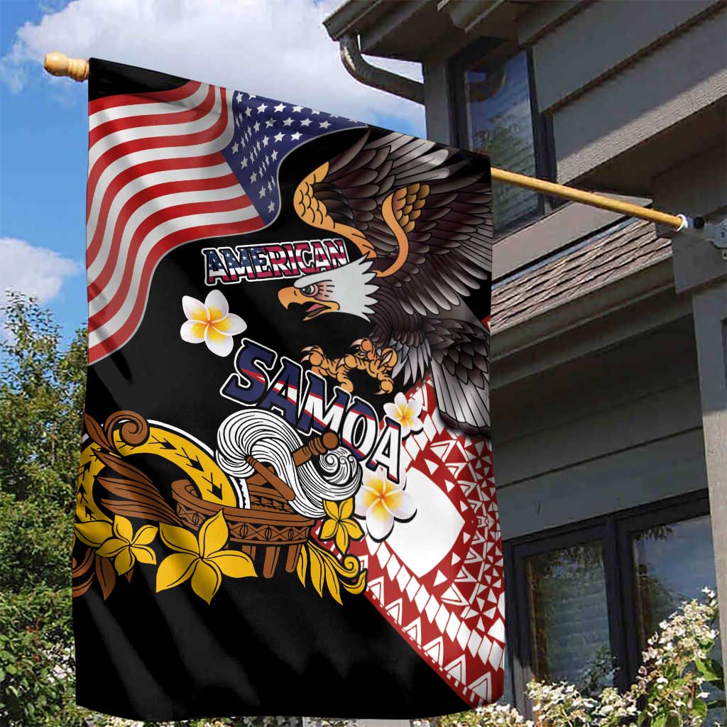 United States and American Samoa Together Garden Flag Bald Eagle and Polynesian Traditional Culture with Plumeria