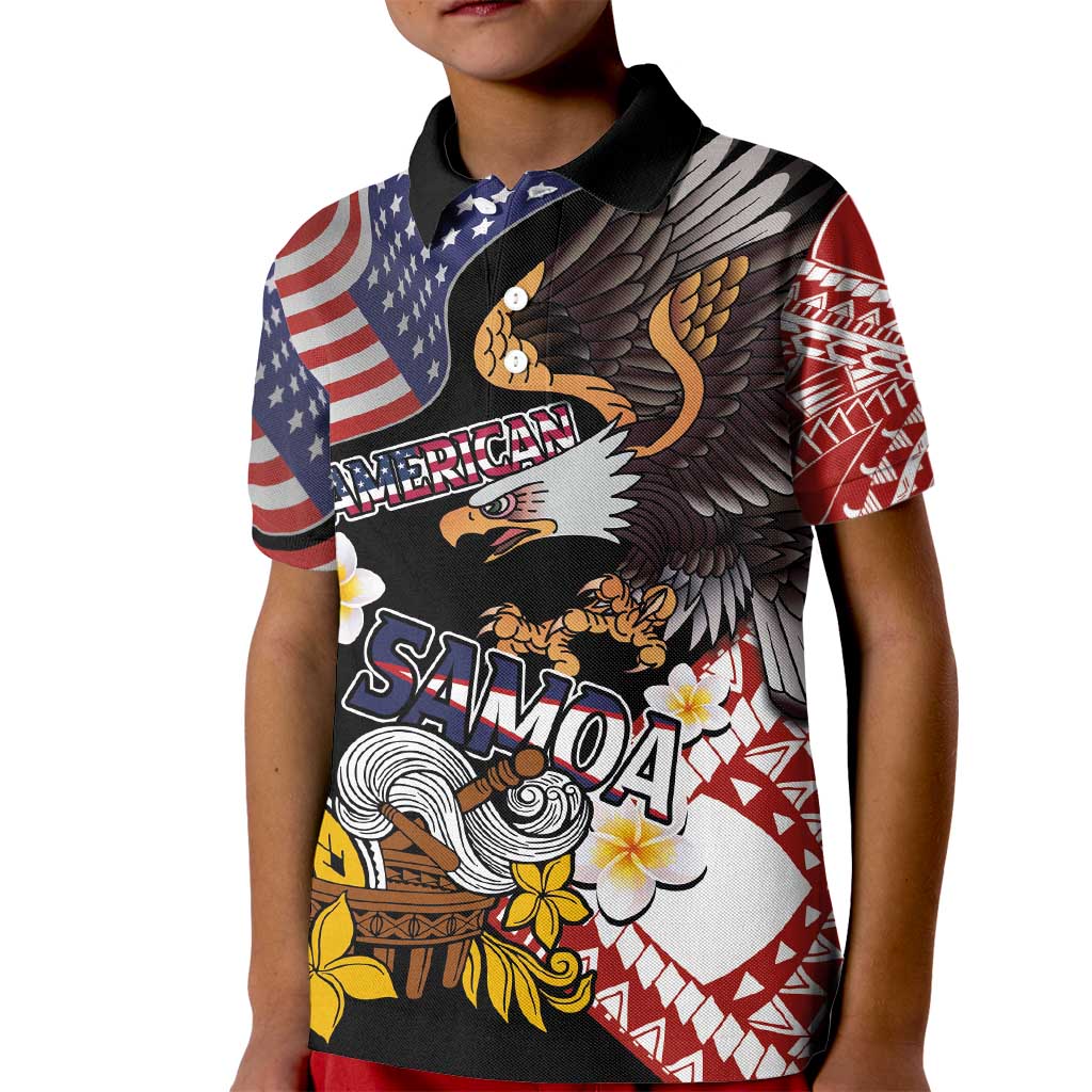 United States and American Samoa Together Kid Polo Shirt Bald Eagle and Polynesian Traditional Culture with Plumeria