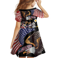United States and American Samoa Together Kid Short Sleeve Dress Bald Eagle and Polynesian Traditional Culture with Plumeria