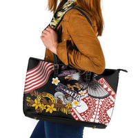 United States and American Samoa Together Leather Tote Bag Bald Eagle and Polynesian Traditional Culture with Plumeria