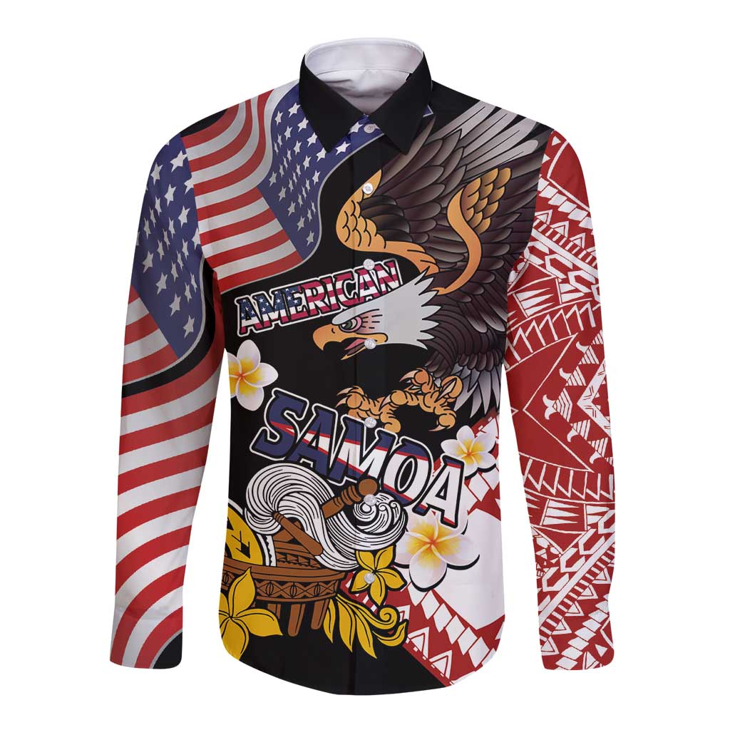 United States and American Samoa Together Long Sleeve Button Shirt Bald Eagle and Polynesian Traditional Culture with Plumeria