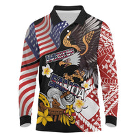 United States and American Samoa Together Long Sleeve Polo Shirt Bald Eagle and Polynesian Traditional Culture with Plumeria