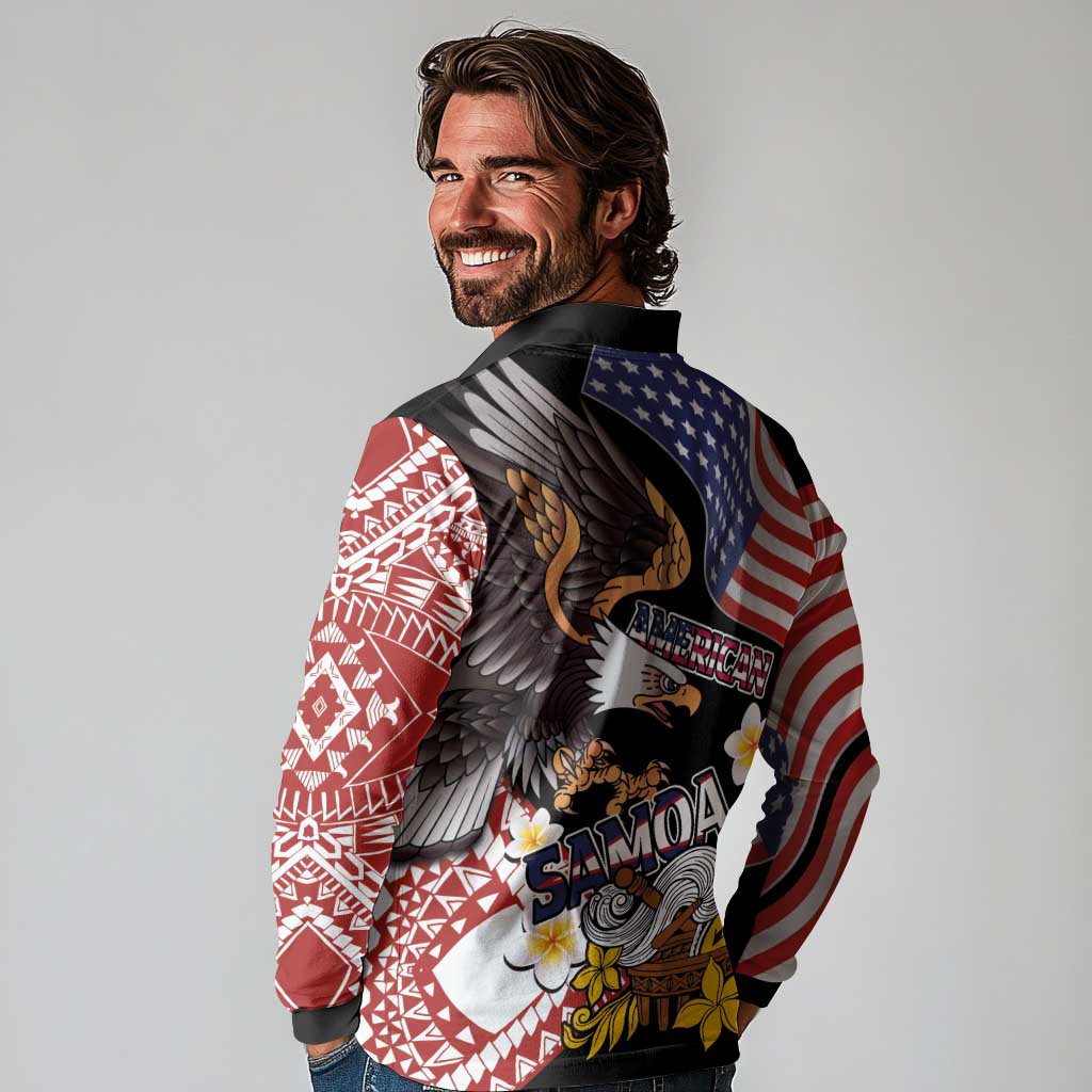 United States and American Samoa Together Long Sleeve Polo Shirt Bald Eagle and Polynesian Traditional Culture with Plumeria