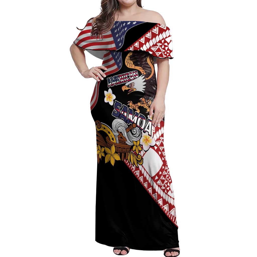 United States and American Samoa Together Off Shoulder Maxi Dress Bald Eagle and Polynesian Traditional Culture with Plumeria