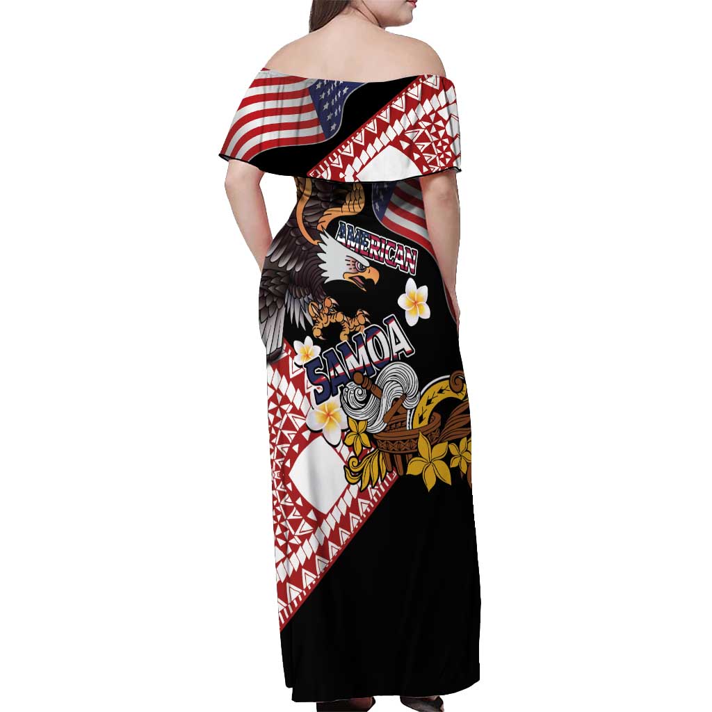 United States and American Samoa Together Off Shoulder Maxi Dress Bald Eagle and Polynesian Traditional Culture with Plumeria