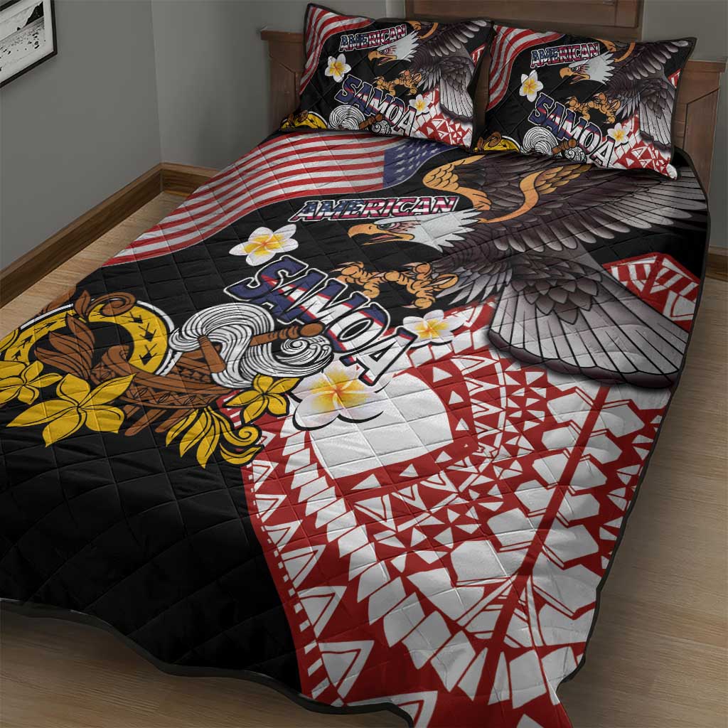 United States and American Samoa Together Quilt Bed Set Bald Eagle and Polynesian Traditional Culture with Plumeria