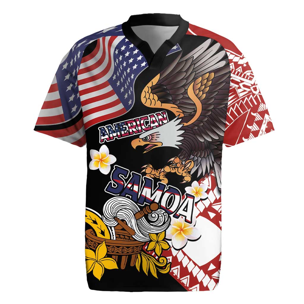 United States and American Samoa Together Rugby Jersey Bald Eagle and Polynesian Traditional Culture with Plumeria