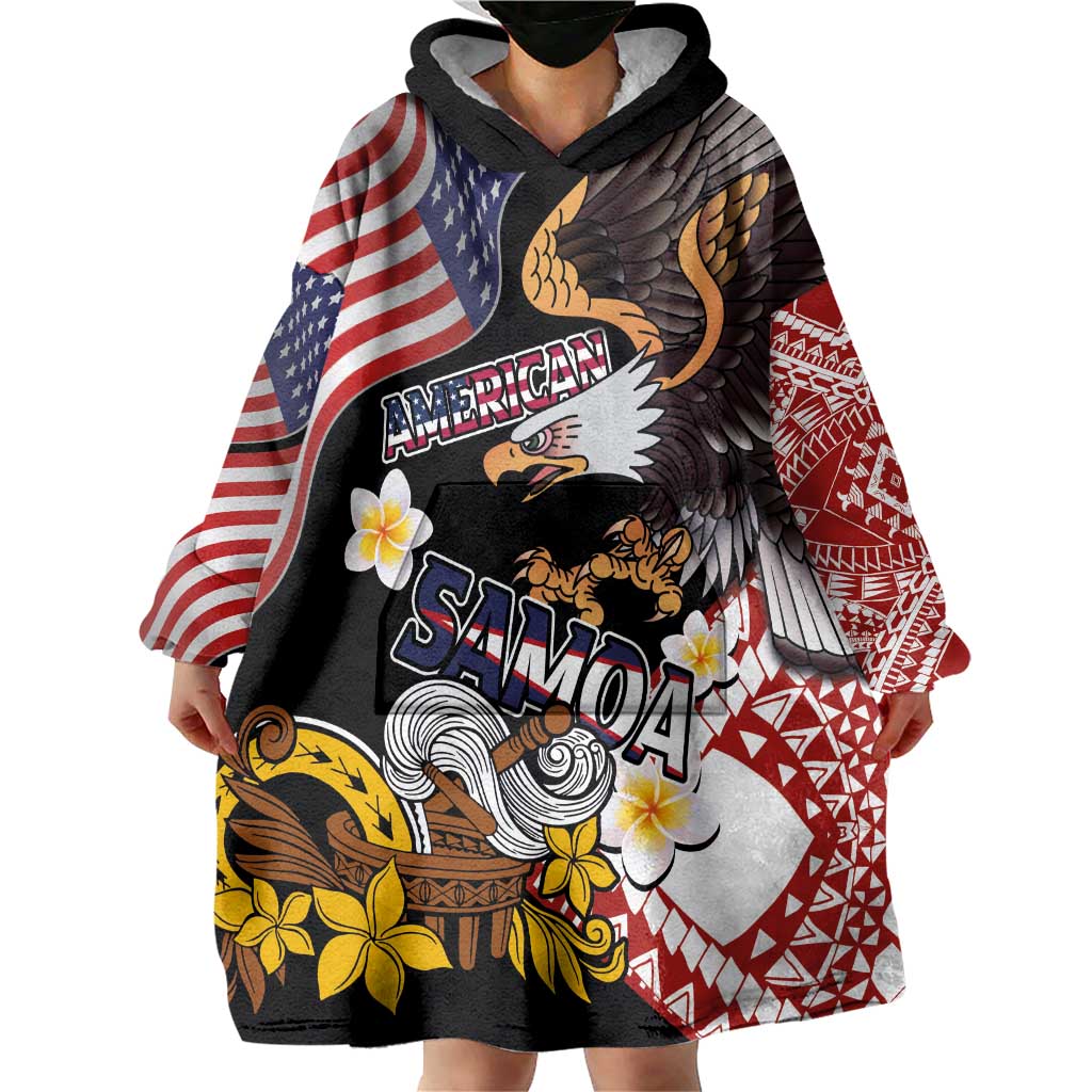 United States and American Samoa Together Wearable Blanket Hoodie Bald Eagle and Polynesian Traditional Culture with Plumeria