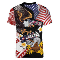 United States and American Samoa Together Women V-Neck T-Shirt Bald Eagle and Polynesian Traditional Culture with Plumeria