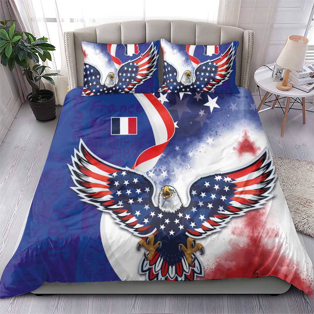 French American Heritage Month Bedding Set USA Eagle and France Urban Paris National Flag Style