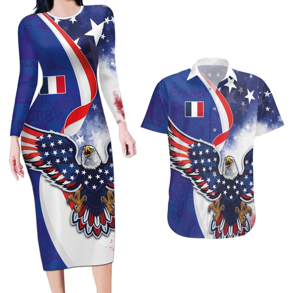 French American Heritage Month Couples Matching Long Sleeve Bodycon Dress and Hawaiian Shirt USA Eagle and France Urban Paris National Flag Style