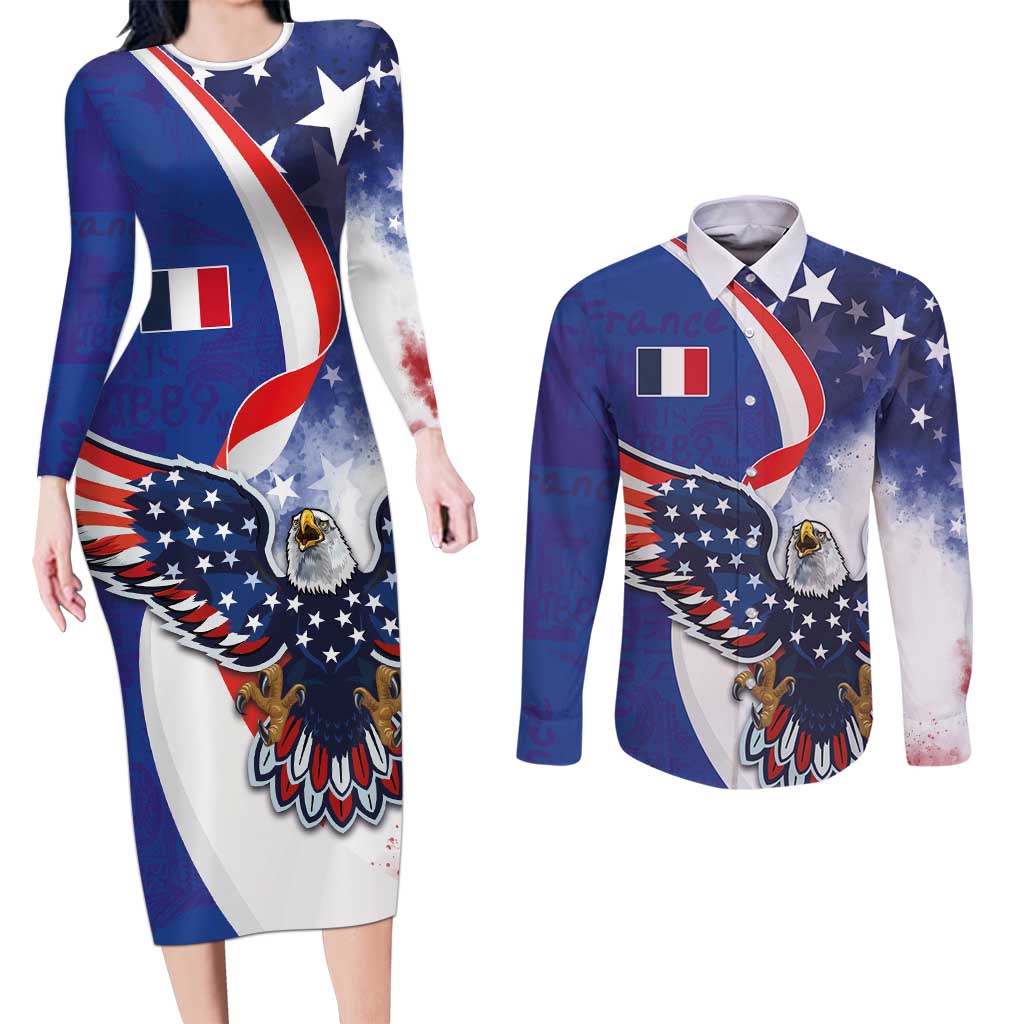 French American Heritage Month Couples Matching Long Sleeve Bodycon Dress and Long Sleeve Button Shirt USA Eagle and France Urban Paris National Flag Style