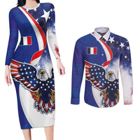 French American Heritage Month Couples Matching Long Sleeve Bodycon Dress and Long Sleeve Button Shirt USA Eagle and France Urban Paris National Flag Style