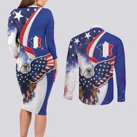 French American Heritage Month Couples Matching Long Sleeve Bodycon Dress and Long Sleeve Button Shirt USA Eagle and France Urban Paris National Flag Style