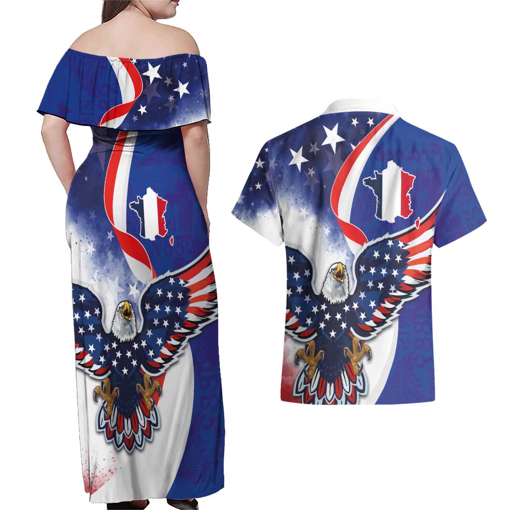 French American Heritage Month Couples Matching Off Shoulder Maxi Dress and Hawaiian Shirt USA Eagle and France Urban Paris National Flag Style