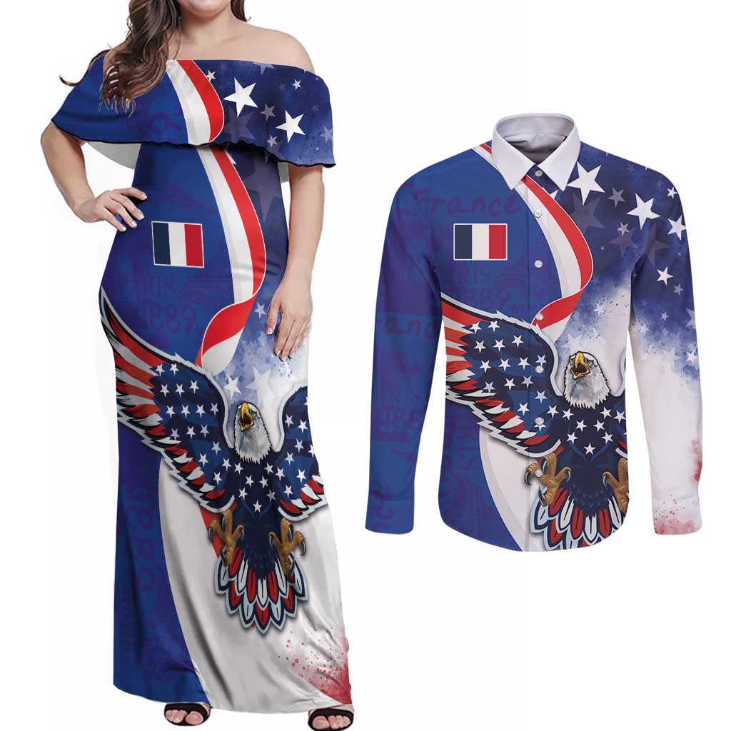 French American Heritage Month Couples Matching Off Shoulder Maxi Dress and Long Sleeve Button Shirt USA Eagle and France Urban Paris National Flag Style