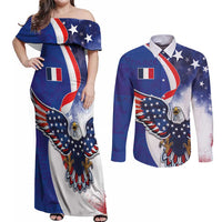 French American Heritage Month Couples Matching Off Shoulder Maxi Dress and Long Sleeve Button Shirt USA Eagle and France Urban Paris National Flag Style