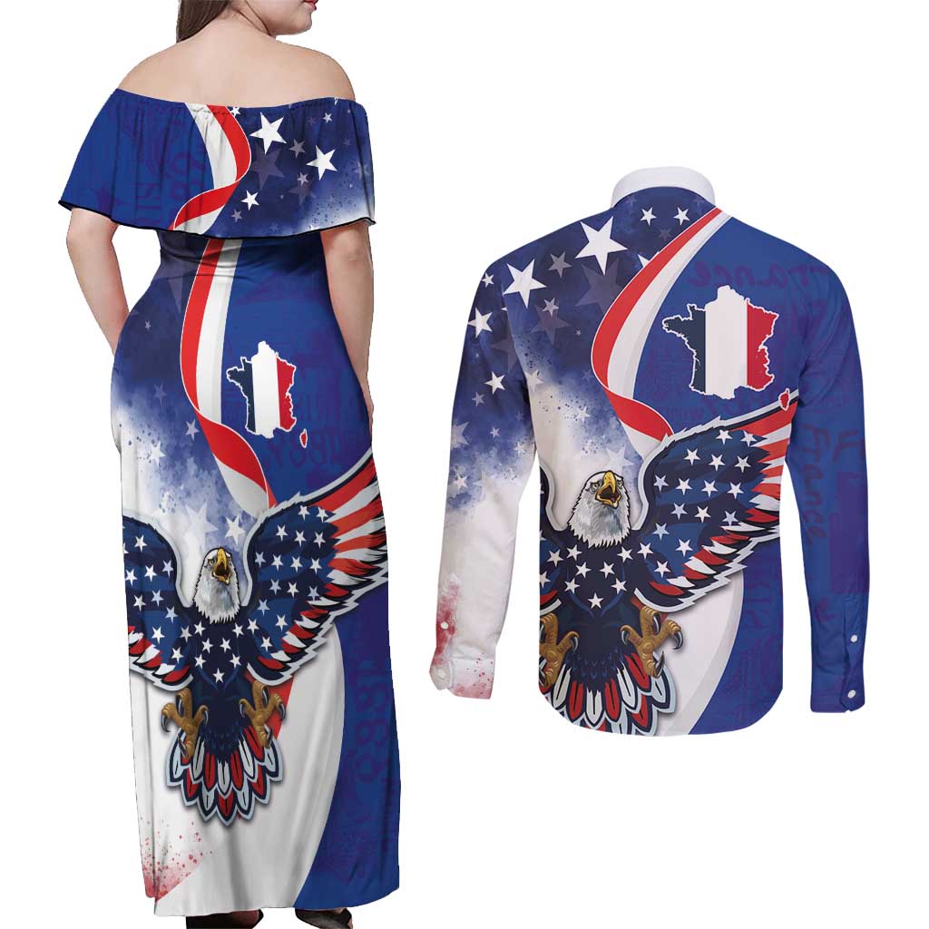 French American Heritage Month Couples Matching Off Shoulder Maxi Dress and Long Sleeve Button Shirt USA Eagle and France Urban Paris National Flag Style