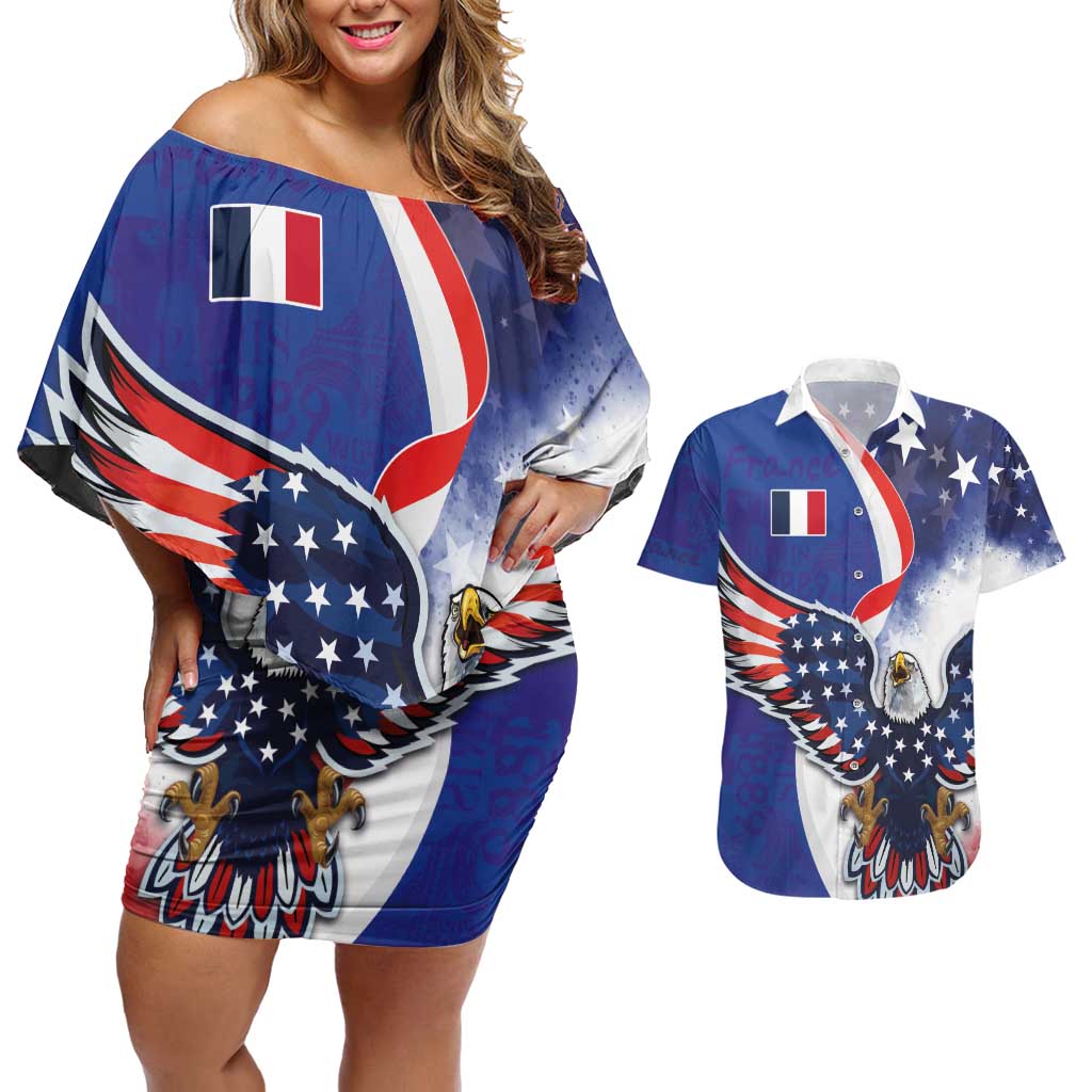 French American Heritage Month Couples Matching Off Shoulder Short Dress and Hawaiian Shirt USA Eagle and France Urban Paris National Flag Style