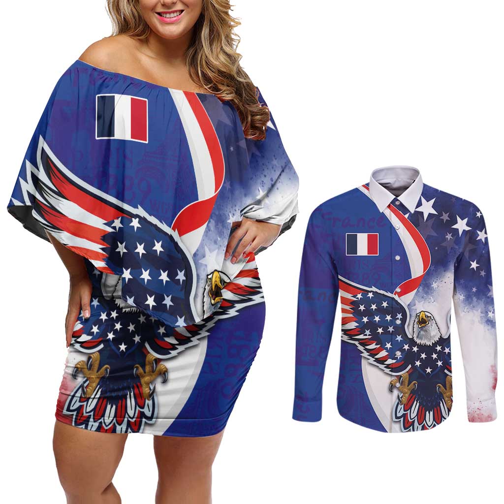 French American Heritage Month Couples Matching Off Shoulder Short Dress and Long Sleeve Button Shirt USA Eagle and France Urban Paris National Flag Style