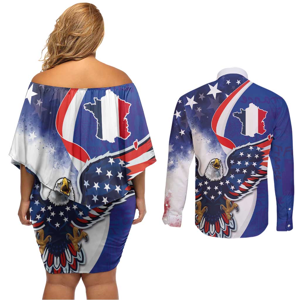 French American Heritage Month Couples Matching Off Shoulder Short Dress and Long Sleeve Button Shirt USA Eagle and France Urban Paris National Flag Style