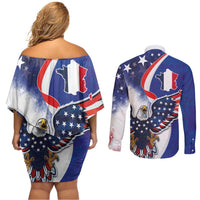French American Heritage Month Couples Matching Off Shoulder Short Dress and Long Sleeve Button Shirt USA Eagle and France Urban Paris National Flag Style