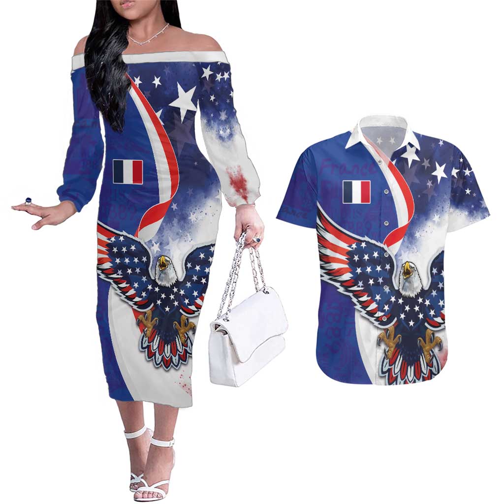 French American Heritage Month Couples Matching Off The Shoulder Long Sleeve Dress and Hawaiian Shirt USA Eagle and France Urban Paris National Flag Style