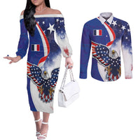 French American Heritage Month Couples Matching Off The Shoulder Long Sleeve Dress and Long Sleeve Button Shirt USA Eagle and France Urban Paris National Flag Style