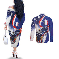 French American Heritage Month Couples Matching Off The Shoulder Long Sleeve Dress and Long Sleeve Button Shirt USA Eagle and France Urban Paris National Flag Style