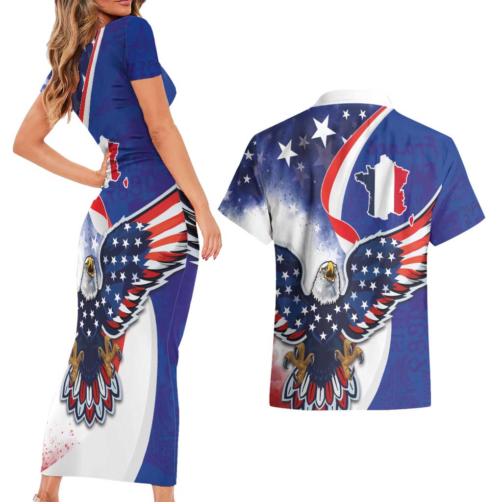 French American Heritage Month Couples Matching Short Sleeve Bodycon Dress and Hawaiian Shirt USA Eagle and France Urban Paris National Flag Style