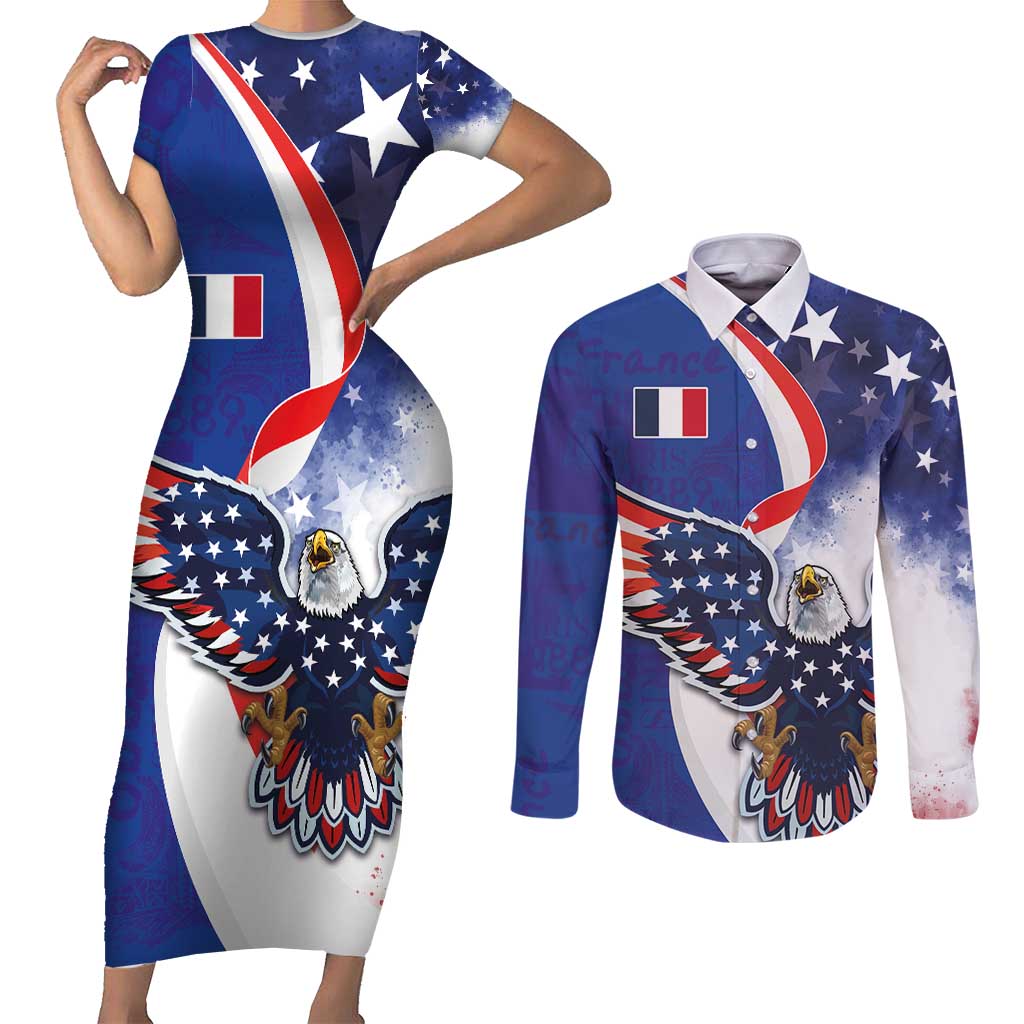 French American Heritage Month Couples Matching Short Sleeve Bodycon Dress and Long Sleeve Button Shirt USA Eagle and France Urban Paris National Flag Style