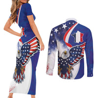 French American Heritage Month Couples Matching Short Sleeve Bodycon Dress and Long Sleeve Button Shirt USA Eagle and France Urban Paris National Flag Style