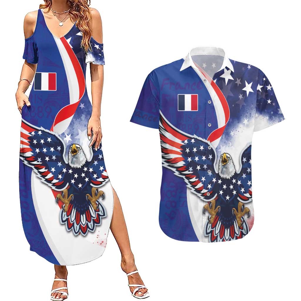 French American Heritage Month Couples Matching Summer Maxi Dress and Hawaiian Shirt USA Eagle and France Urban Paris National Flag Style