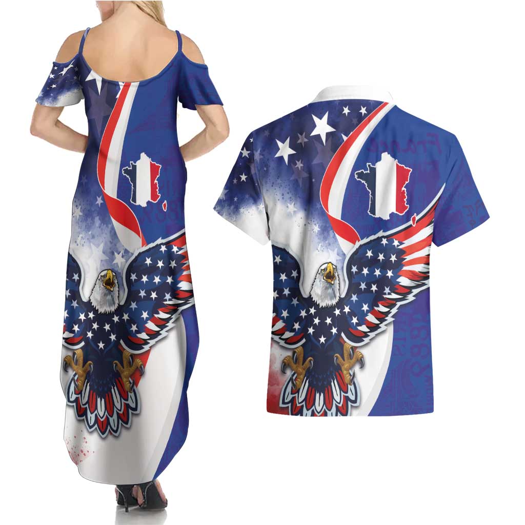 French American Heritage Month Couples Matching Summer Maxi Dress and Hawaiian Shirt USA Eagle and France Urban Paris National Flag Style