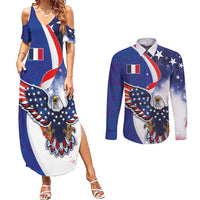 French American Heritage Month Couples Matching Summer Maxi Dress and Long Sleeve Button Shirt USA Eagle and France Urban Paris National Flag Style