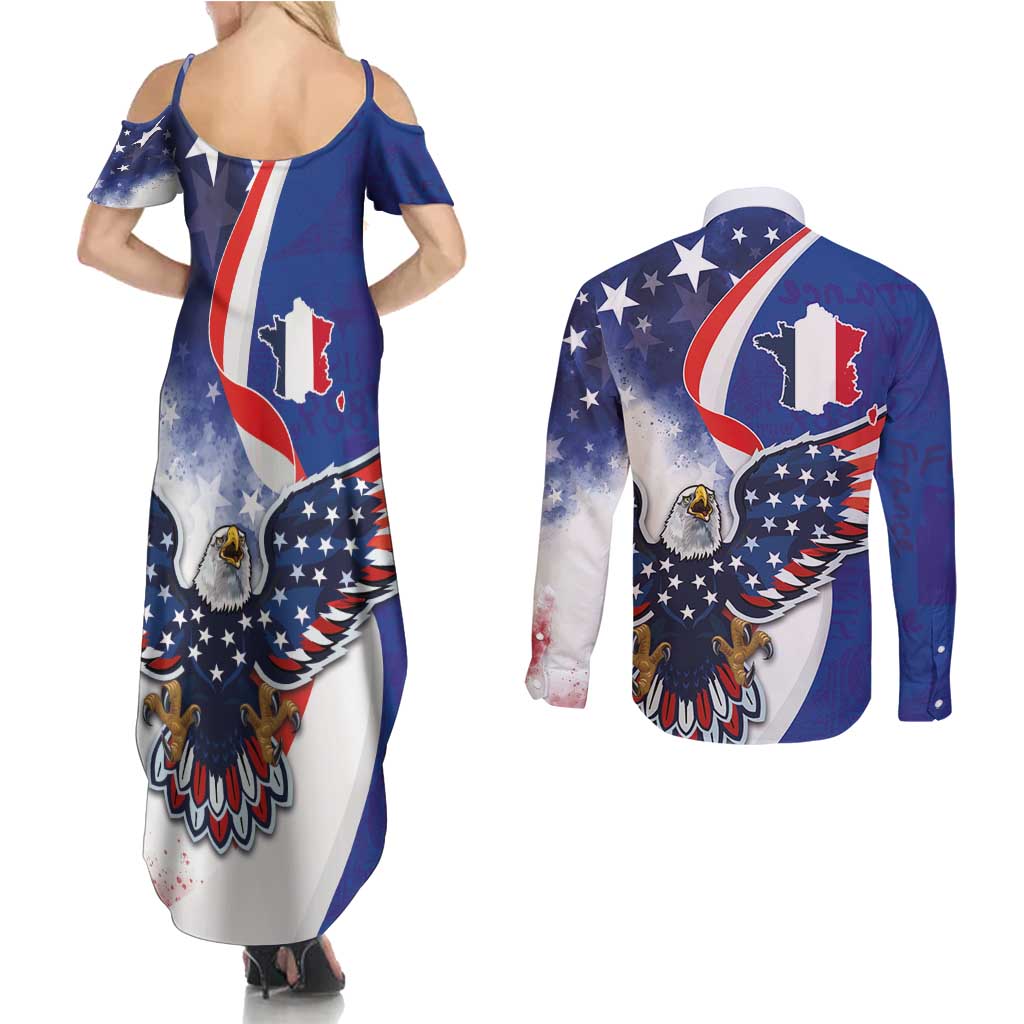 French American Heritage Month Couples Matching Summer Maxi Dress and Long Sleeve Button Shirt USA Eagle and France Urban Paris National Flag Style
