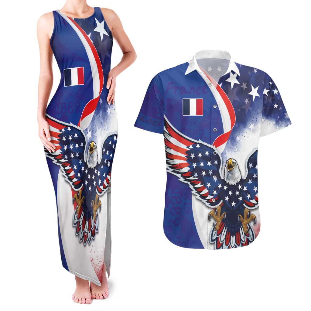 French American Heritage Month Couples Matching Tank Maxi Dress and Hawaiian Shirt USA Eagle and France Urban Paris National Flag Style